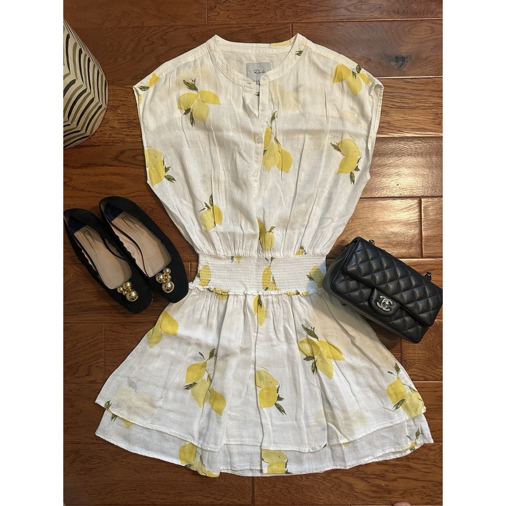 Rails Angelina Dress Mini Linen Citronnade Lemon Print White Yellow Size Small